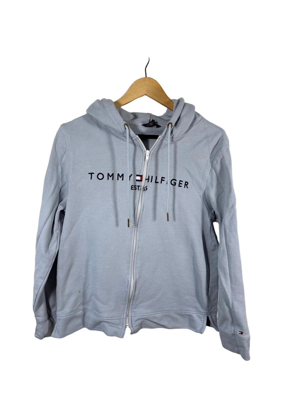 Tommy Hilfiger Full Zip Hoodie Womens Medium Light Blue Embroidered Logo Cotton